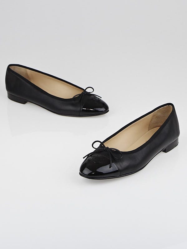 Chanel Black Leather CC Cap Toe Ballet Flats Size 10/40.5