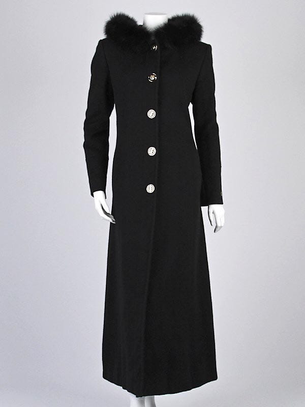 St. John Black Cashmere and Fox Fur Hooded Coat Size 8