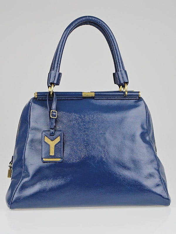 Yves Saint Laurent Blue Pebbled Patent Leather Medium Marjoelle Bag