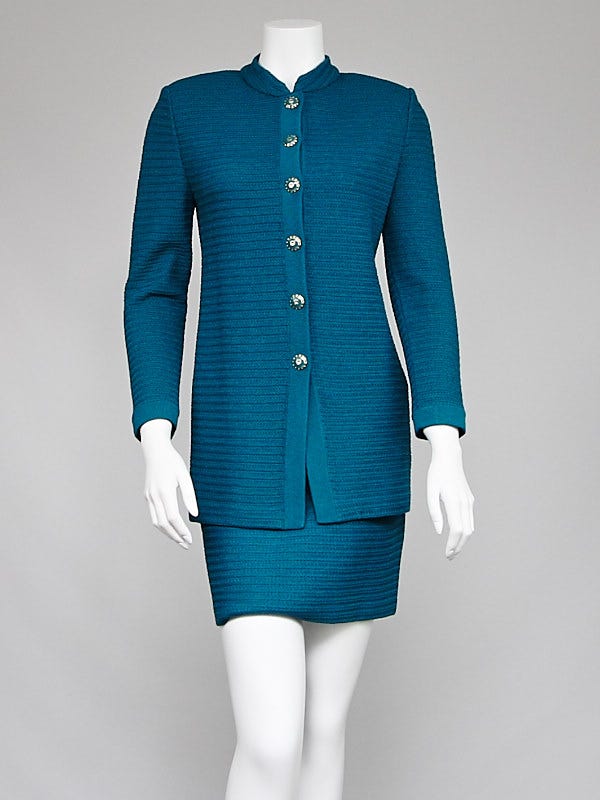 St. John Teal Knitted Wool Skirt Suit Size 2