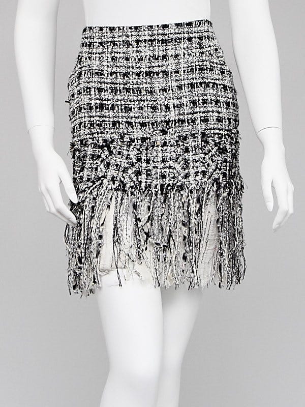 Chanel Black/White Tweed Fringe Skirt Size 10/42