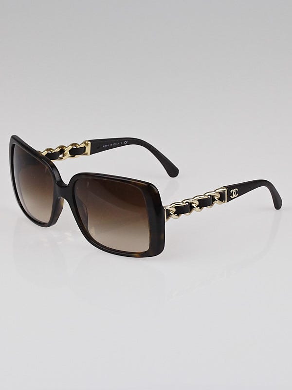 Chanel Brown Tortoise Shell Square Frame Chain-Link Sunglasses-5208