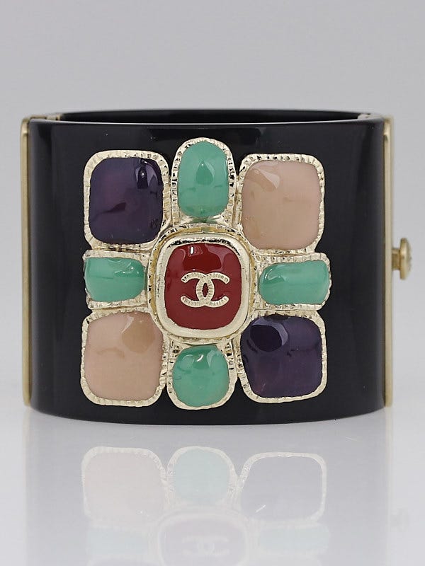 Chanel Black Resin Multicolor Stone Flower Cuff Bracelet