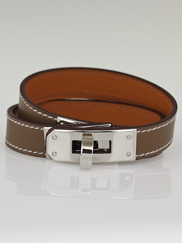 Hermes Etoupe Swift Leather Palladium Plated Kelly Double Tour Bracelet Size S