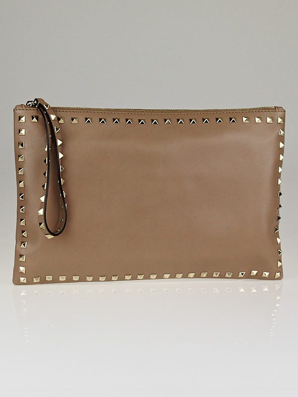 Valentino Beige Nappa Leather Rockstud Large Clutch Bag