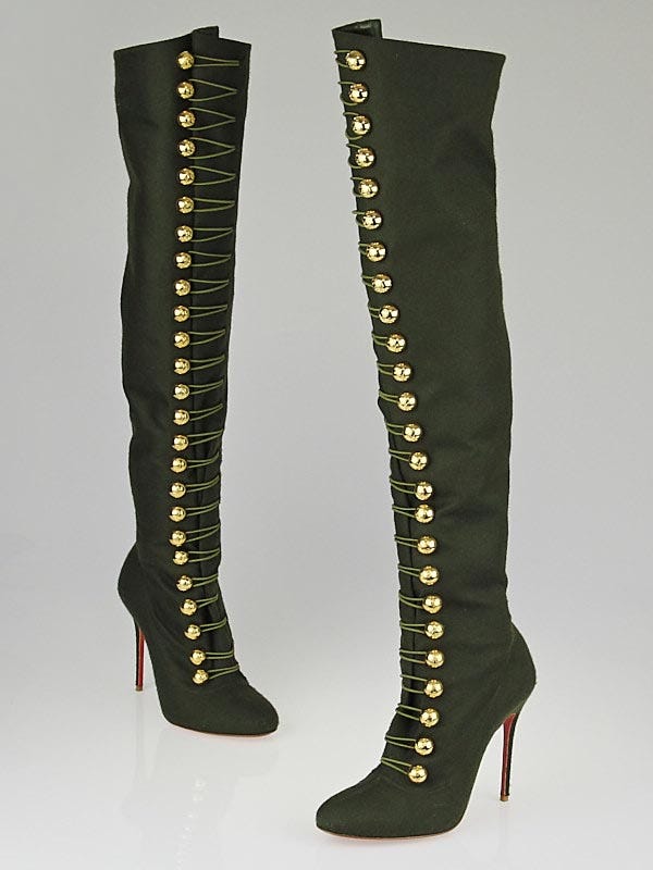 Christian Louboutin Green Fabric Super Fifre 120 Over-the-Knee Boots Size 10/40.5