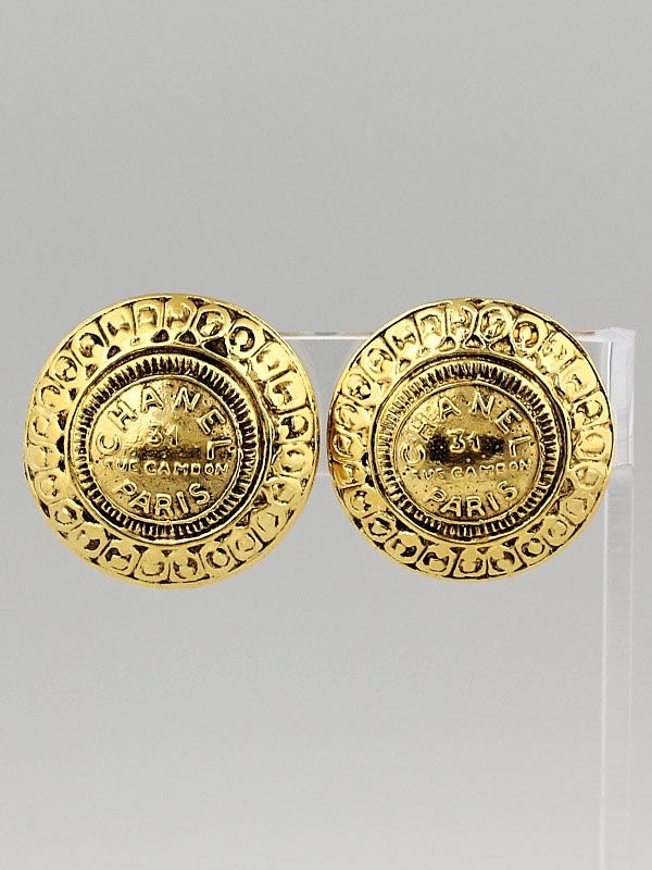 Chanel Goldtone Metal Large Disc Logo Clip-On Earrings
