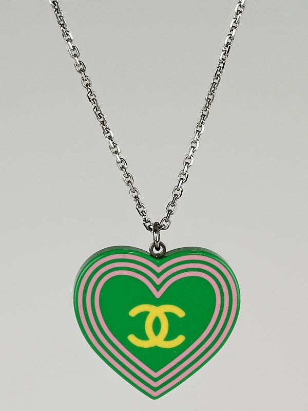 Chanel Green Heart Resin CC Pendant Necklace