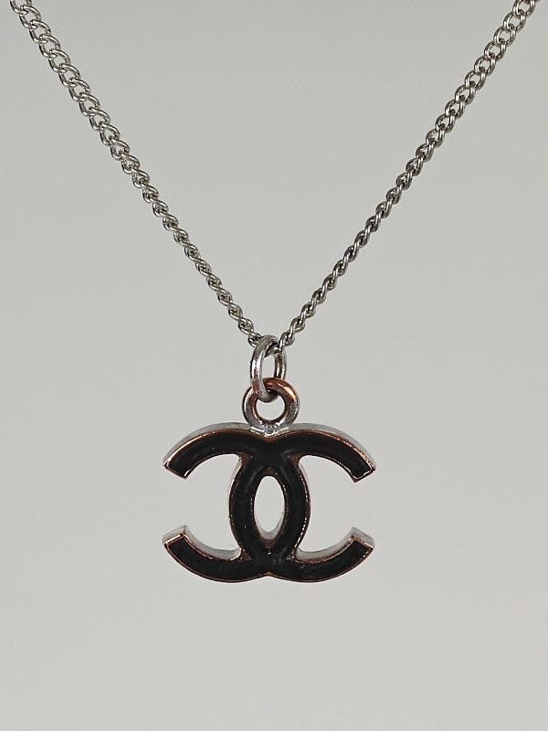 Chanel Silvertone Black Resin CC Logo Necklace
