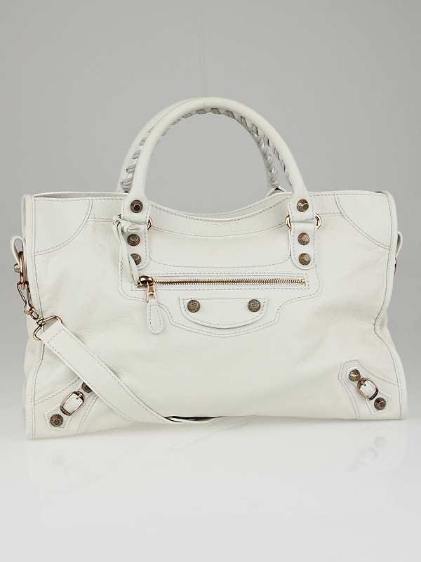 Balenciaga White Lambskin Leather Giant 12 Rose Gold Motorcycle City Bag