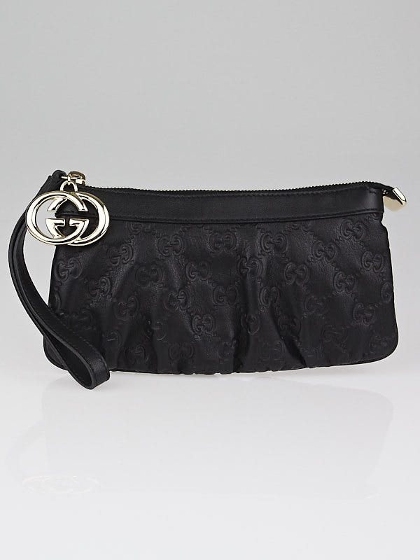 Gucci Black Guccissima Leather GG Wristlet Pochette Bag