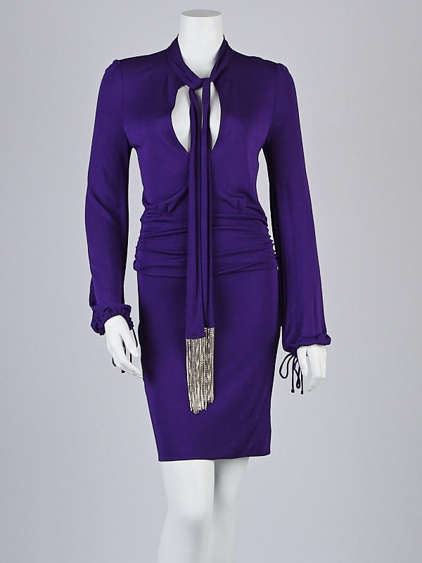 gucci dress purple Gucci Purple Rayon Stretch Metal Fringe Tie Dress Size M