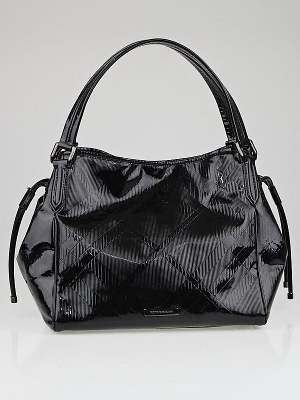 Burberry Black Check Embossed Patent Leather Small Bilmore Tote Bag