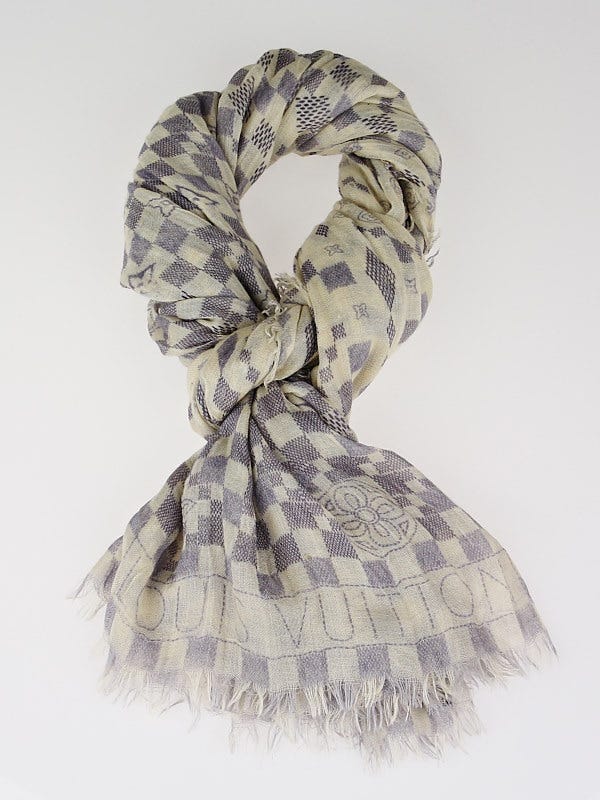 LOUIS VUITTON Black Grey Damier Cashmere Silk Scarf For Sale at