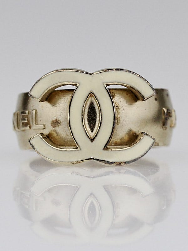 Chanel Brushed Goldtone Metal CC Logo Ring Size 6.75