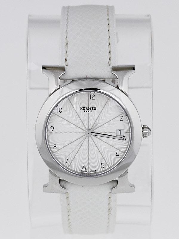 Hermes White Epsom Leather and Stainless Steel Heure H Ronde PM Quartz Watch