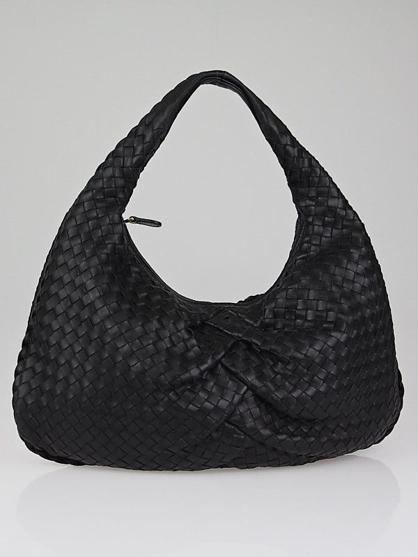 Bottega Veneta Black Intrecciato Leather Pleated Medium Veneta Hobo Bag