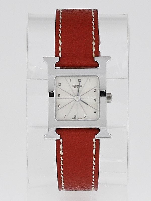 Hermes Brique Chevre Mysore Leather and Stainless Steel Heure H PM Quartz Watch