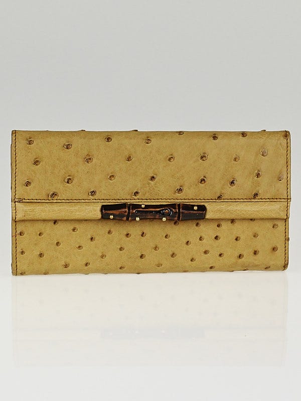 Gucci Beige Ostrich Bamboo Bar  Long  Flap Wallet