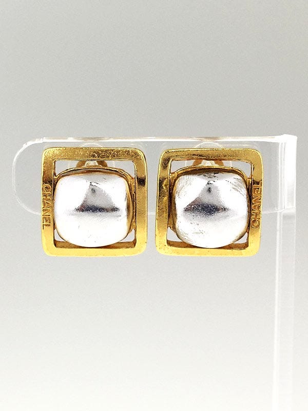 Chanel Goldtone Square Frame and Silver Bead Clip-On Earrings