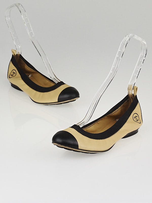 Chanel Beige/Black Leather Elastic Ballet Flats Size 7.5/38C