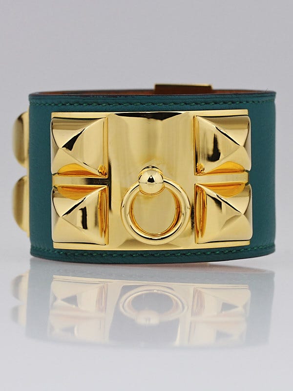 Hermes Malachite Swift Leather Gold Plated Collier de Chien Cuff Bracelet Size S