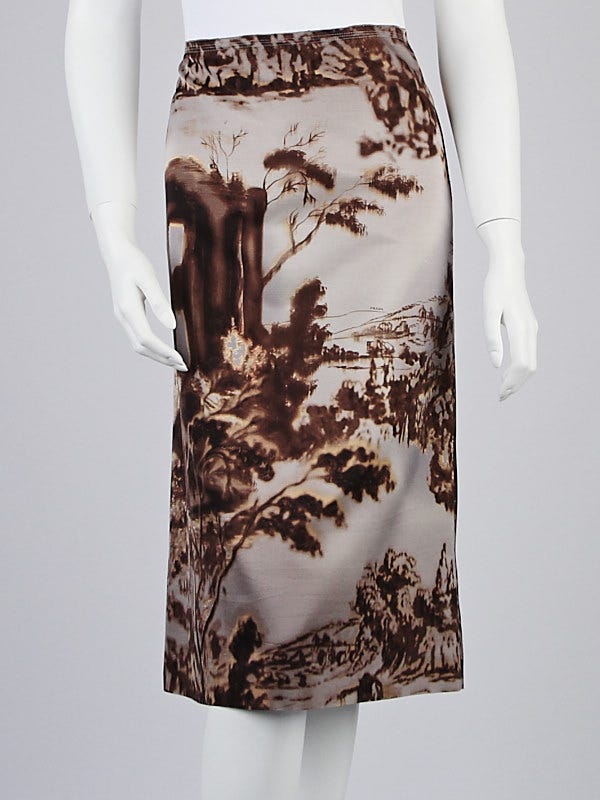 Prada Grey/Brown Fabric Abstract Landscape Print Skirt Size 8/42
