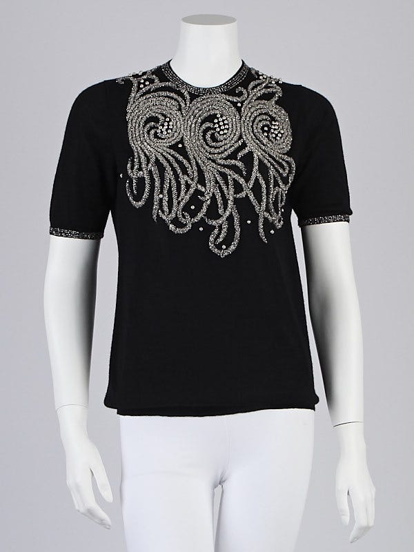 Balenciaga Black Cashmere Beaded Short-Sleeve Top Size 6/40