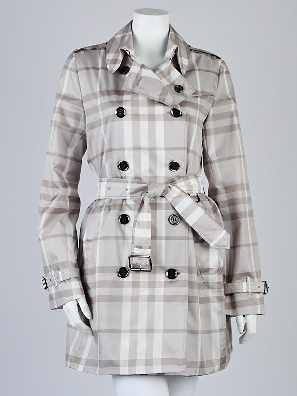 Burberry Brit Grey Check Polyester Double Breasted Trench Coat Size 6