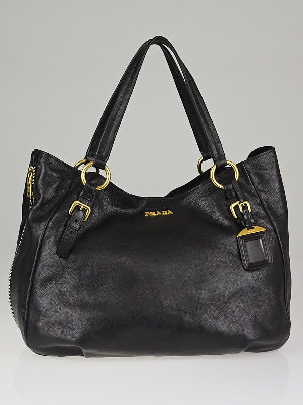 Prada Black Cervo Leather Side Zippers Tote Bag BR4085