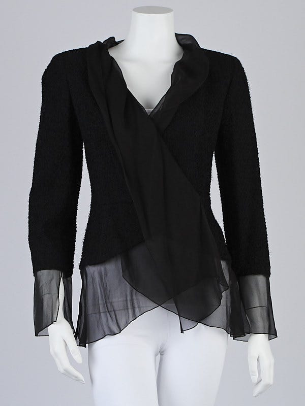 Chanel Black Tweed Ruffle Open Blazer Jacket Size 4/36