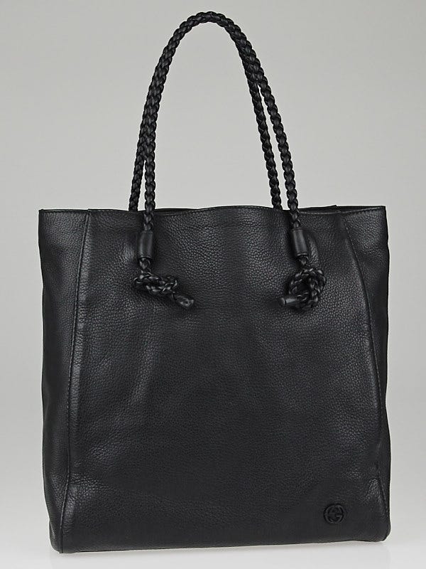 Gucci Black Leather Woven Handle Tote Bag