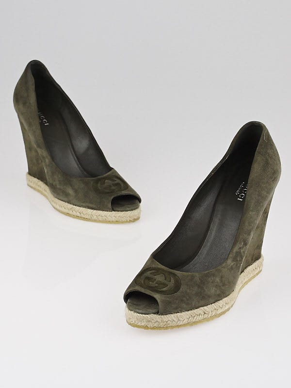 Gucci Green Suede GG Peep-Toe Espadrille Wedges Size 8/38.5