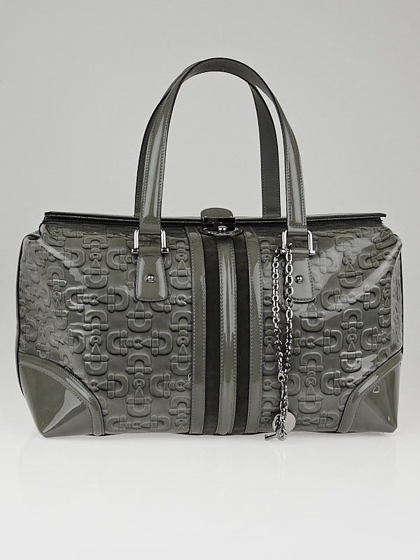 Gucci Grey Horsebit Embossed Patent Leather Treasure Boston Bag