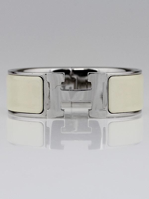 Hermes Cream Enamel Palladium Plated Clic-Clac H PM Wide Bracelet