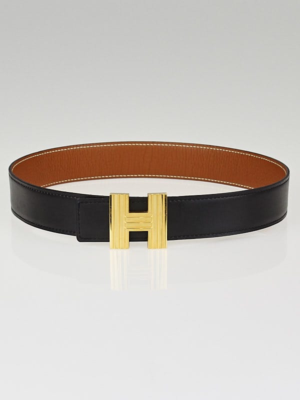 Hermes 32mm Black Box/Gold Clemence Leather Gold Plated Square H Belt Size 65