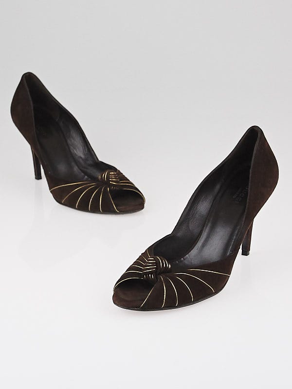 Gucci Brown Suede Knot Peep-Toe Heels Size 9.5
