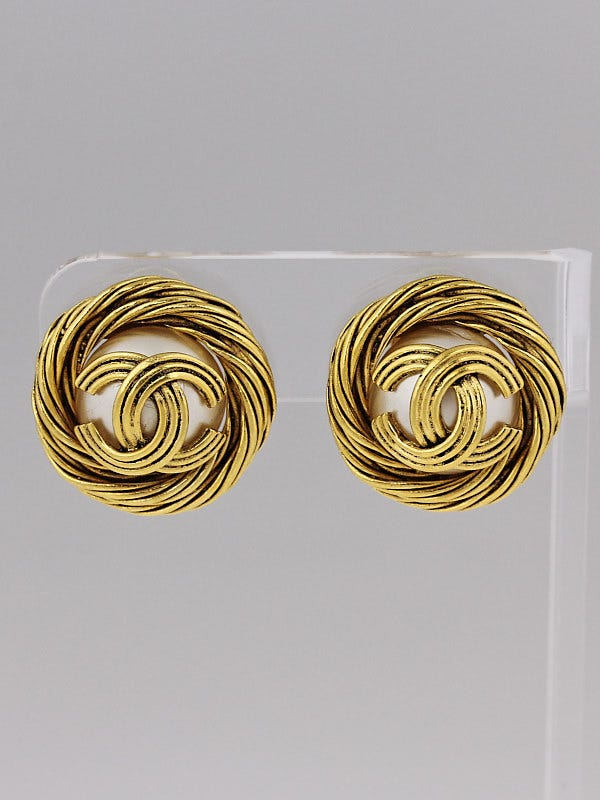 Chanel Faux Pearl CC Disc Clip-On Earrings