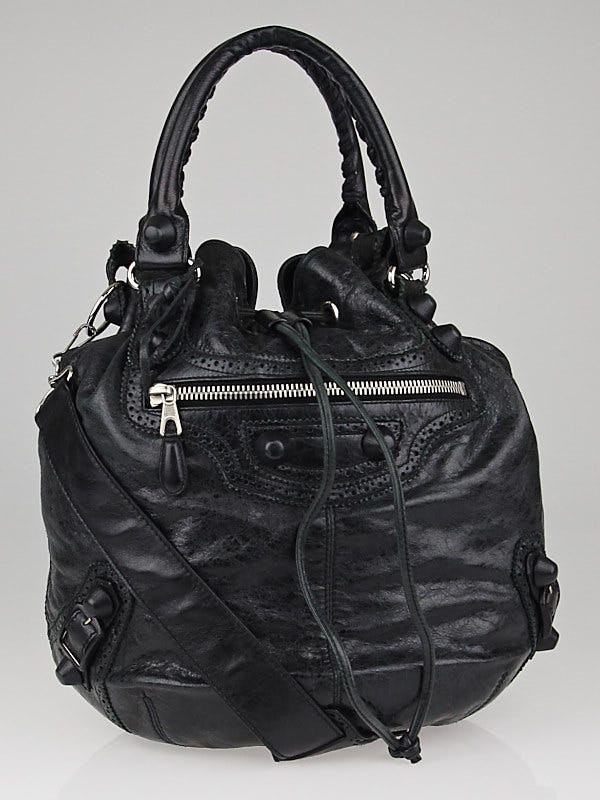 Balenciaga Black Lambskin Leather Giant Brogues Covered PomPon Bag