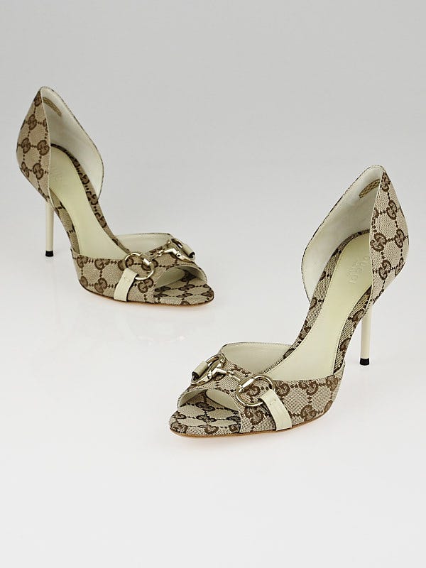Gucci Beige/White GG Canvas Hollywood Horsebit D'Orsay Peep Toe Heels Size 9B
