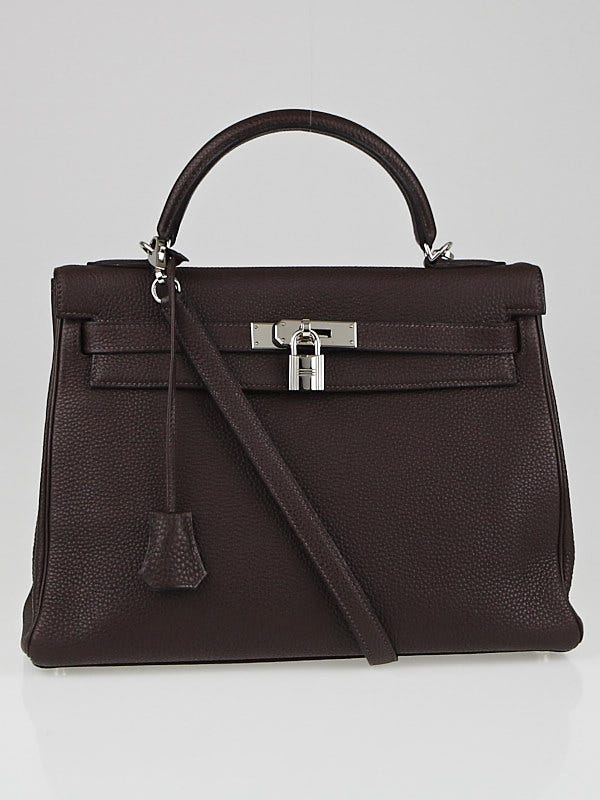Hermes 32cm Chocolate Togo Leather Palladium Plated Kelly Retourne Bag