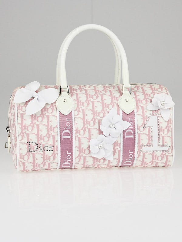 Christian Dior Pink Logo Canvas Girly Flowers Boston Bag