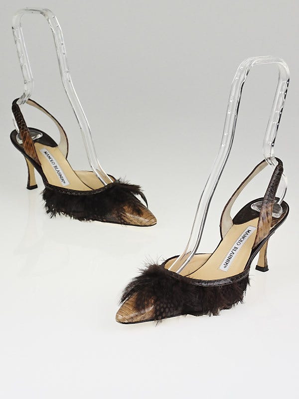 Manolo Blahnik Beige/Ebony Python Feather Slingback Heels Size 6.5/37