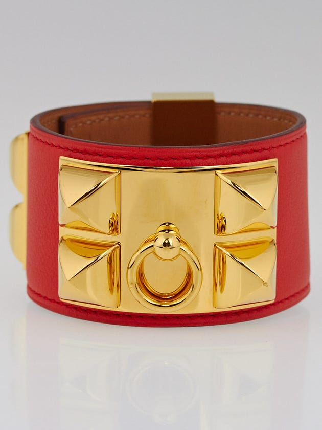 Hermes Capucine Swift Leather Gold Plated Collier de Chien Cuff Bracelet 