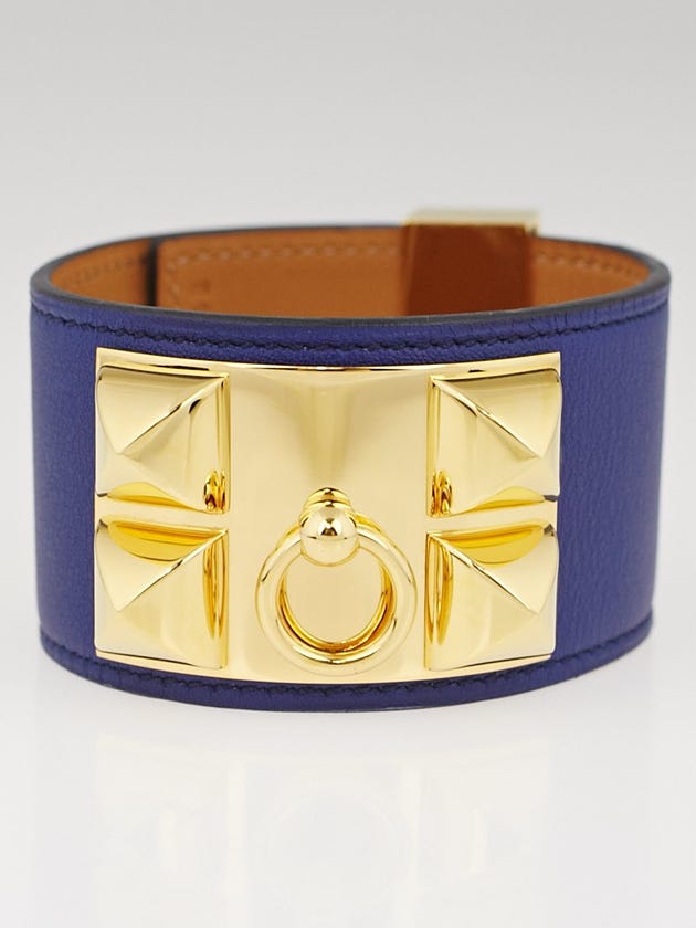 Hermes Blue Sapphire Swift Leather Gold Plated Collier de Chien Bracelet Size L