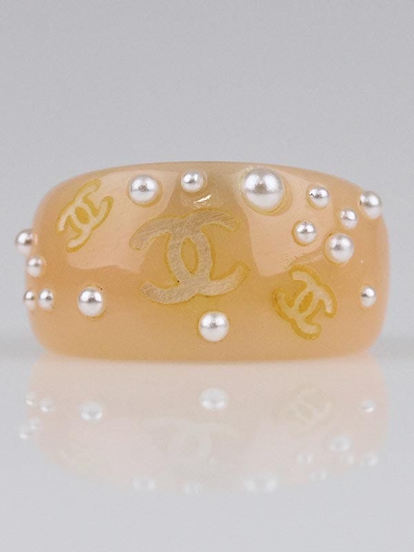 Chanel Pink Resin and Faux Pearl CC Ring Size 6