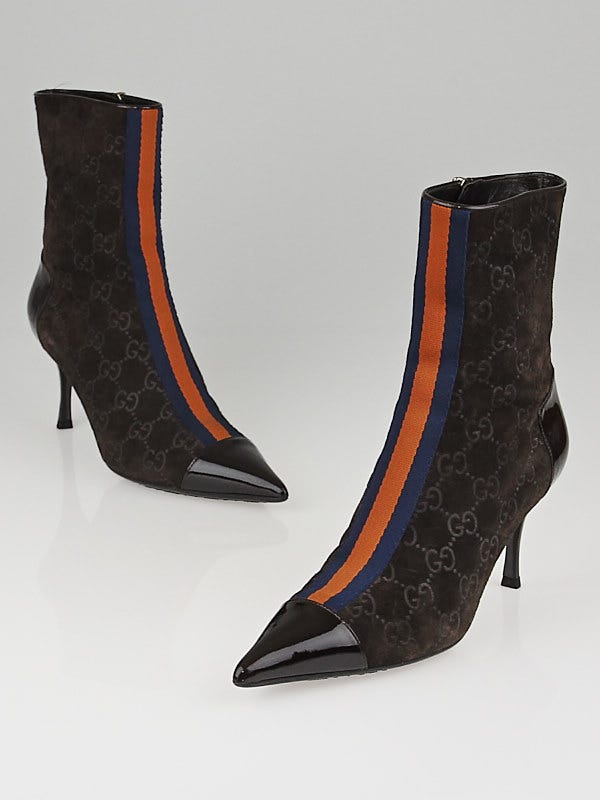 Gucci Dark Brown Suede Guccissima Web Cap Toe Ankle Zip Boots Size 6.5