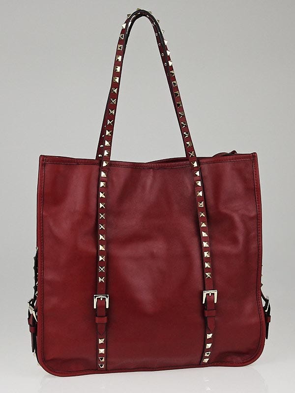 Valentino Dark Red Leather Rockstud Medium Shopper Tote Bag