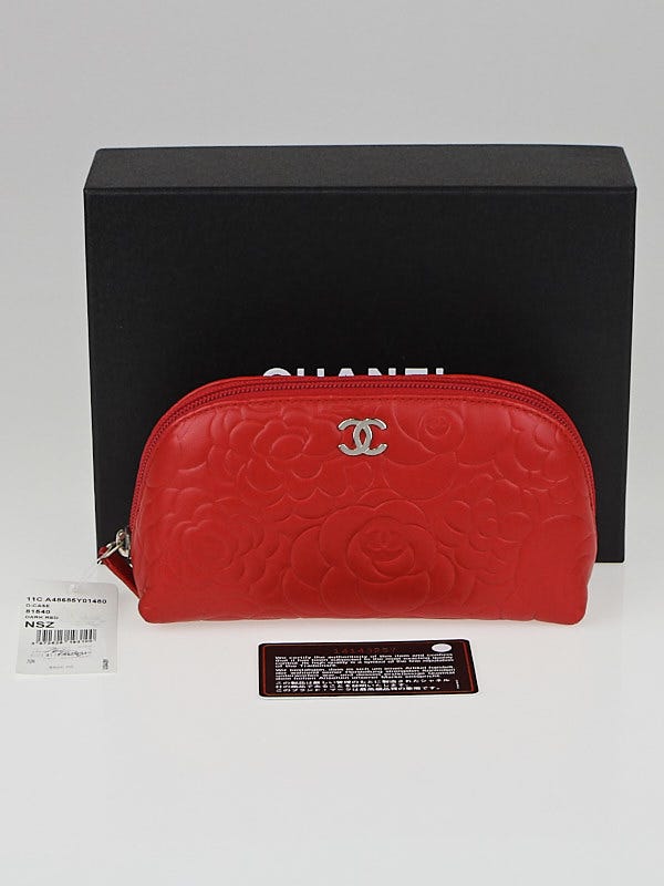 新品未使用CHANELROUGECOCOBAUME・L'HuileCamélia Chanel Red Camellia Embossed Lambskin Leather Cosmetic Bag