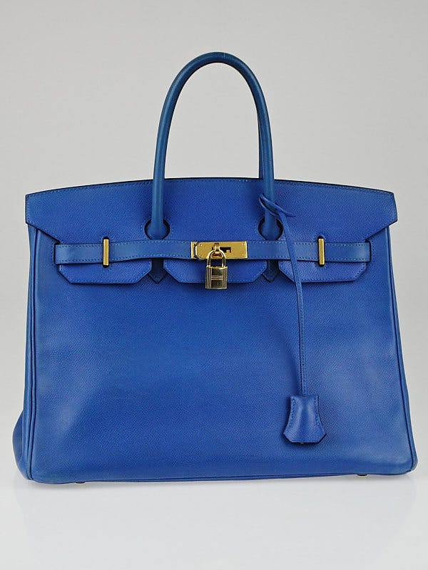 Hermes 35cm Blue France Courchevel Leather Gold Plated Birkin Bag